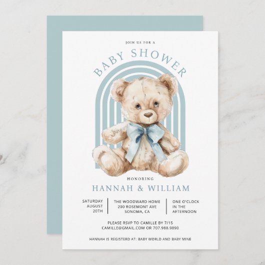 水の色テディベア男の子ブルーベビーシャワー 招待状 (正面/裏面)