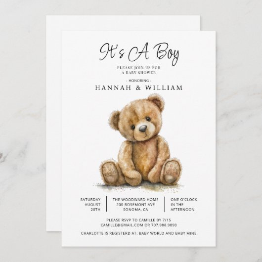 水の色テディベア男の赤ちゃんシャワー 招待状 (正面/裏面)