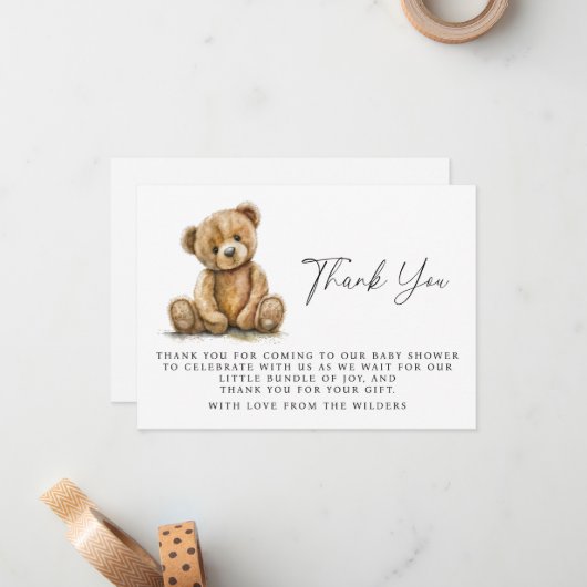 水の色テディベア赤ちゃんシャワーありがとう ノートカード (正面/裏面インサイチュ)
