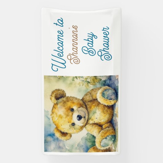 水の色テディベア赤ちゃんシャワーへようこそ 横断幕 (縦)