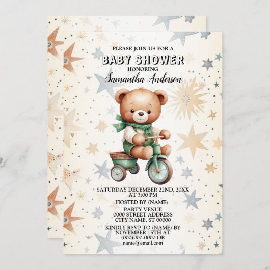 水の色テディベア赤ちゃんシャワーエレガントパーティー 招待状 (正面/裏面)