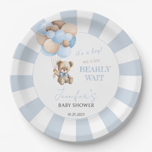 水の色テディベア赤ちゃんシャワー紙プレート ペーパープレート (正面)