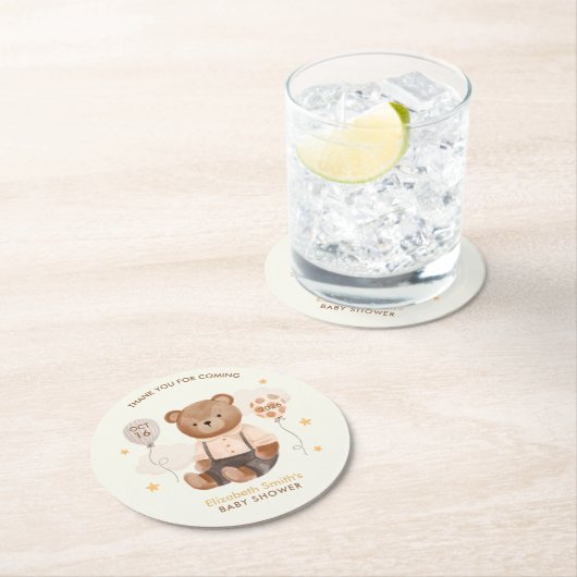 水の色テディベア赤ちゃんシャワー ラウンドペーパーコースター (インサイチュ)