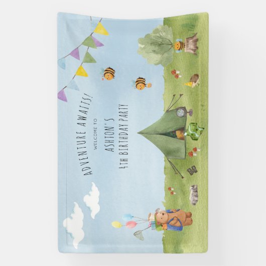 水の色テディベア、冒険の誕生日へようこそ 横断幕 (縦)