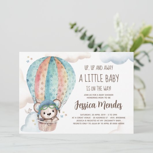 水の色テディ男女兼用ベア赤ちゃんシャワー 招待状 (スタンド正面)