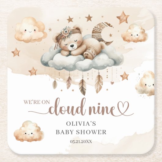 水の色テディ男女兼用ベア雲9 9 スクエアペーパーコースター (正面)