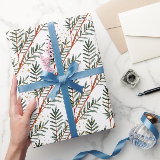 水の色トウヒの木の枝と金ゴールドスプラッシュ ラッピングペーパー (ギフト)