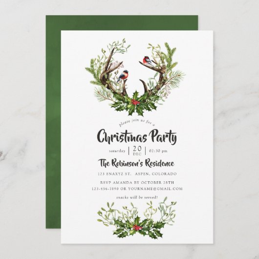 水の色トナカイ素朴ークリスマスパーティー 招待状 (正面/裏面)