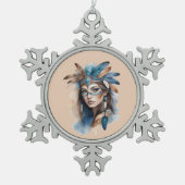 水の色トライバル美しい：ボヘミアンアートの精神 スノーフレークピューターオーナメント (正面)