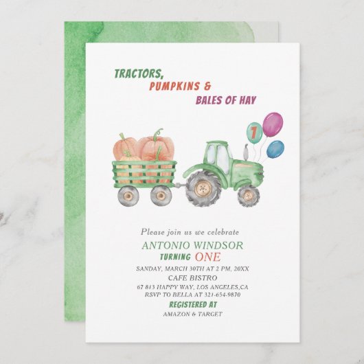 水の色トラクターエレガントパンプキンスベビーシャワー 招待状 (正面/裏面)
