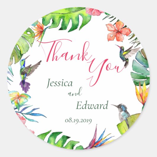 水の色トロピカルフローラ結婚ズサンキュー ラウンドシール (正面)