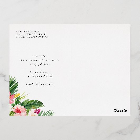 水の色トロピカルボタニカルフレーム日付を保存 箔招待状ポストカード (裏面)