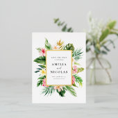 水の色トロピカルボタニカルフレーム日付を保存 箔招待状ポストカード (立ち正面)