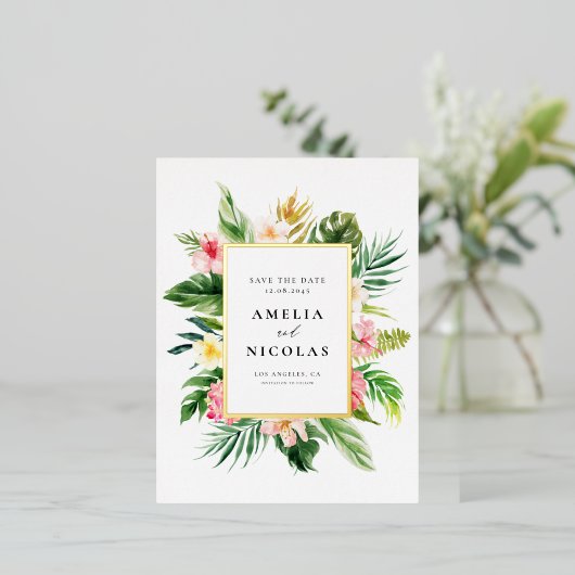 水の色トロピカルボタニカルフレーム日付を保存 箔招待状ポストカード (立ち正面)