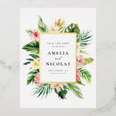水の色トロピカルボタニカルフレーム日付を保存 箔招待状ポストカード (正面)