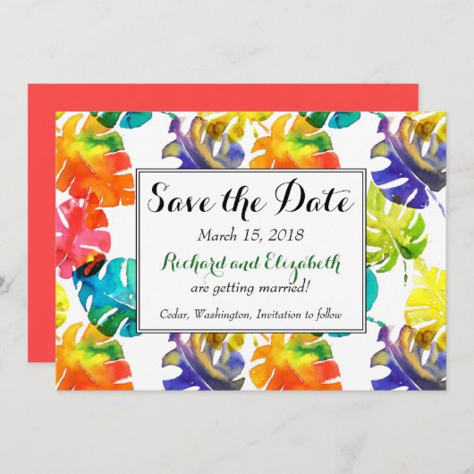 水の色トロピカル葉なの結婚式の日付を保存 招待状 (正面/裏面)