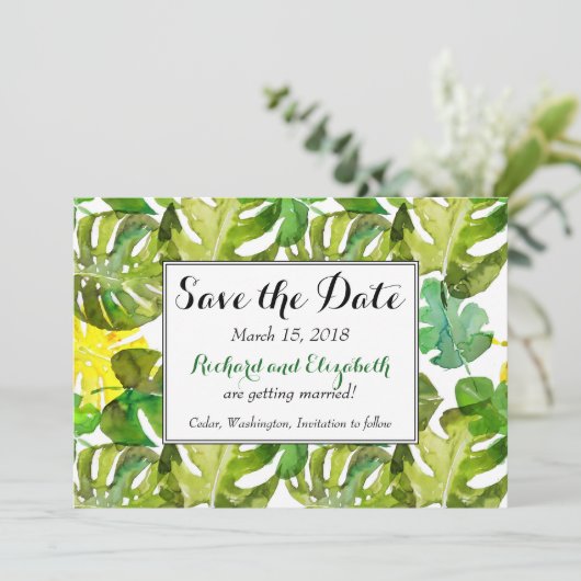 水の色トロピカル葉なの結婚式の日付を保存 招待状 (スタンド正面)