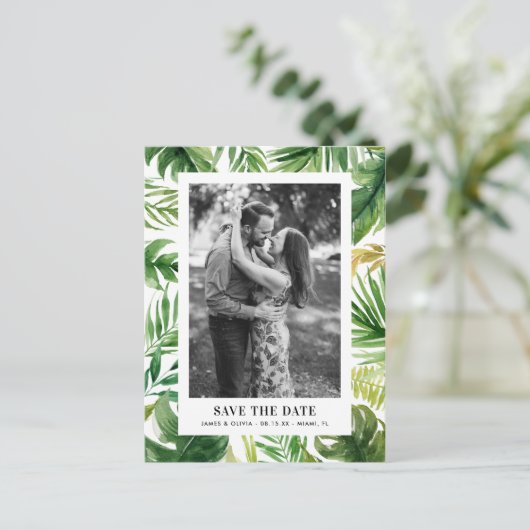 水の色トロピカル葉な写真の保存日付 案内ポストカード (スタンド正面)