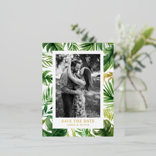 水の色トロピカル葉な写真の保存日付 箔招待状ポストカード (立ち正面)