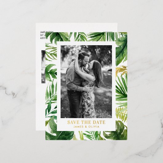 水の色トロピカル葉な写真の保存日付 箔招待状ポストカード (正面/裏面)