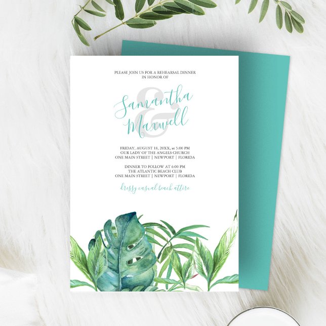 水の色トロピカル葉リハーサルディナー (tropical beach wedding invitations features watercolor palm leaves in shades of green. )