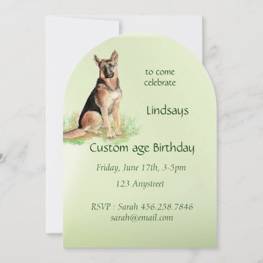 水の色ドイツの羊飼い犬の誕生日パーティー 招待状 (裏面)