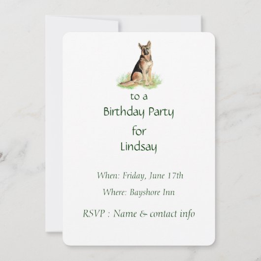 水の色ドイツの羊飼い犬の誕生日パーティー 招待状 (裏面)