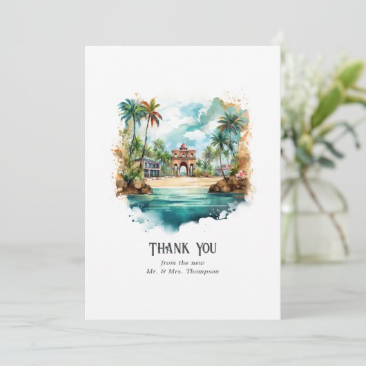 水の色ドミニカ共和国の目的地の結婚式 サンキューカード (スタンド正面)