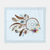 水の色ドリームキャッチャーの花と部族の羽 フリースブランケット (正面(横))