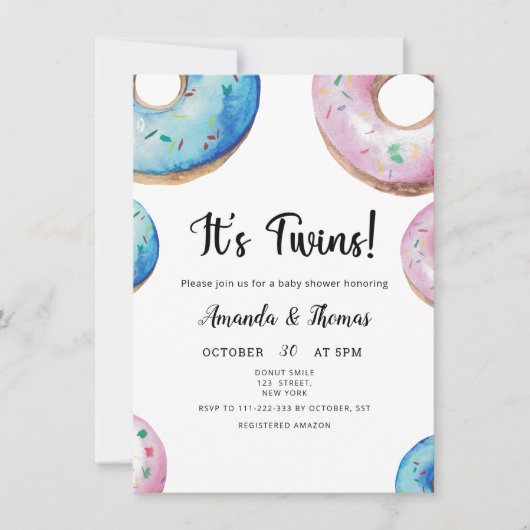 水の色ドーナツ双子の男の子の女の子の赤ちゃんシャワー 招待状 (正面)