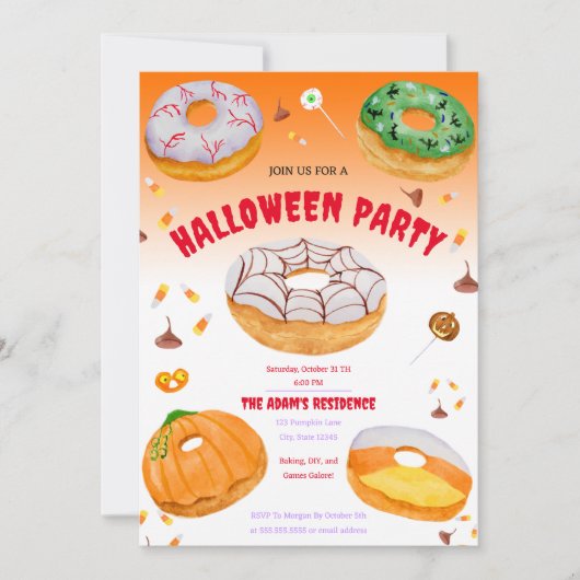 水の色ドーナツ – おいしいハロウィーンキャンディパーティー 招待状 (正面)