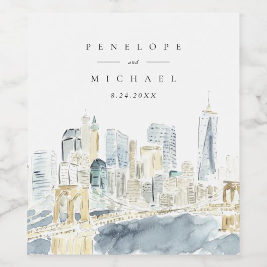 水の色ニューヨークシティスカイライン結婚ズ ワインラベル (シングルラベル)