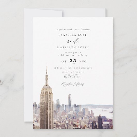 水の色ニューヨークシティ絵画スカイラ結婚イン 招待状 (正面)