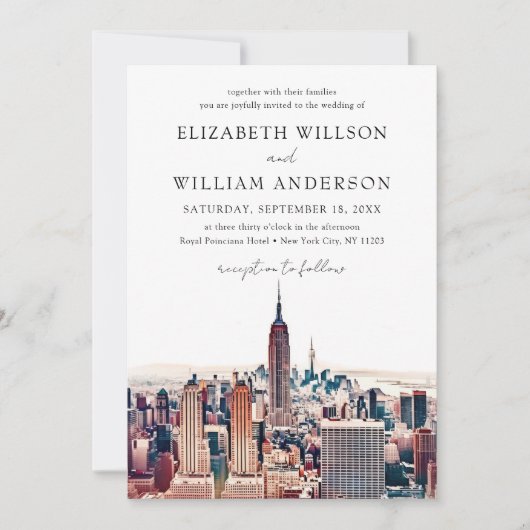 水の色ニューヨーク行き先結婚式の写真 招待状 (正面)