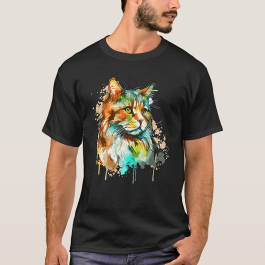 水の色ノルウェーの森の猫カラフルロングヘア Tシャツ (正面)