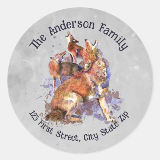 水の色ハウリングコヨーテパック野生動物アート ラウンドシール (正面)