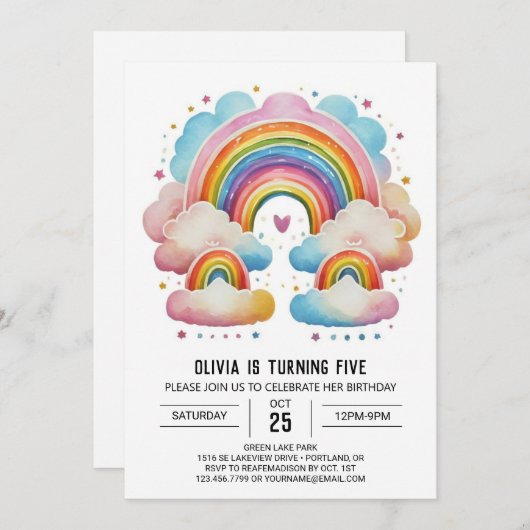水の色ハッピークラウドガール誕生日 招待状 (正面/裏面)