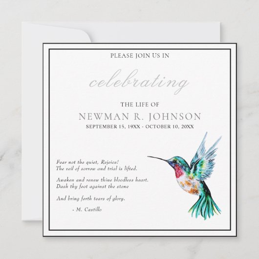 水の色ハミングバードお祝いの生活 招待状 (正面)