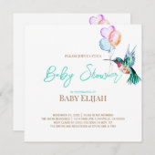 水の色ハミングバードとバルーン赤ちゃんシャワー 招待状 (正面/裏面)