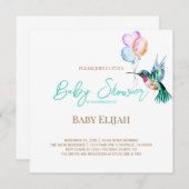 水の色ハミングバードとバルーン赤ちゃんシャワー 招待状 (正面/裏面)