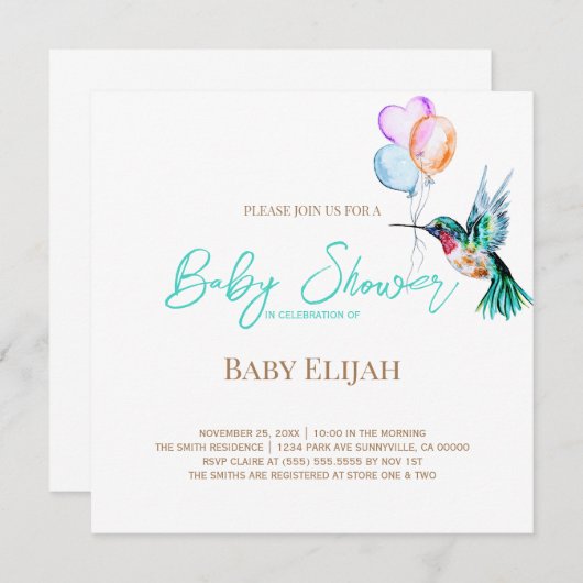 水の色ハミングバードとバルーン赤ちゃんシャワー 招待状 (正面/裏面)