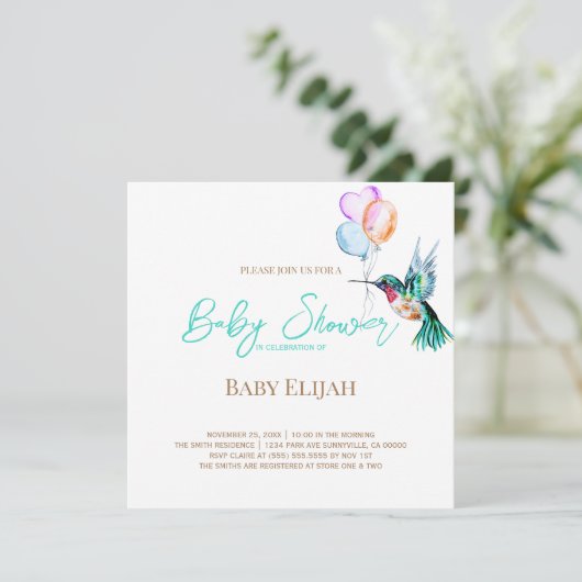 水の色ハミングバードとバルーン赤ちゃんシャワー 招待状 (スタンド正面)