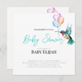 水の色ハミングバードとバルーン赤ちゃんシャワー 招待状 (正面/裏面)