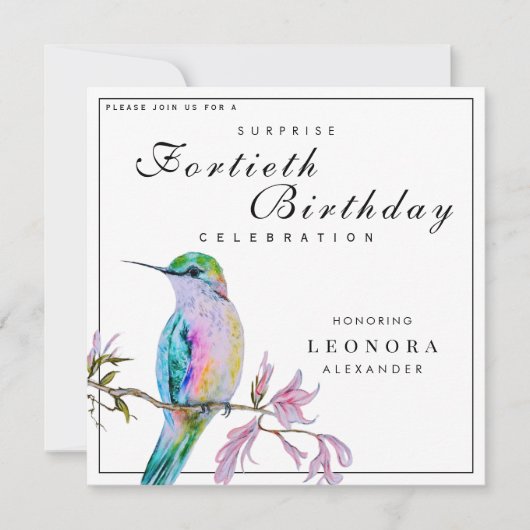 水の色ハミングバード任意のサプライズ誕生日パーティー 招待状 (正面)