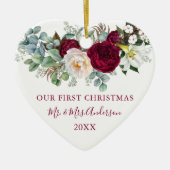 水の色バーガンディフローラ緑結婚ハート セラミックオーナメント (正面)