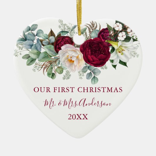 水の色バーガンディフローラ緑結婚ハート セラミックオーナメント (正面)