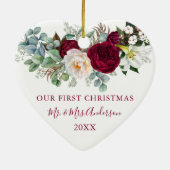 水の色バーガンディフローラ緑結婚ハート セラミックオーナメント (裏面)