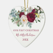 水の色バーガンディフローラ緑結婚ハート セラミックオーナメント (左)
