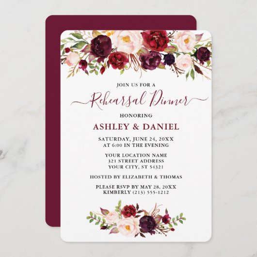 水の色バーガンディーピンクフローラリハーサルディナー 招待状 (正面/裏面)