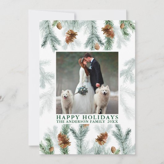 水の色パインコーン緑の木クリスマス シーズンカード (正面)